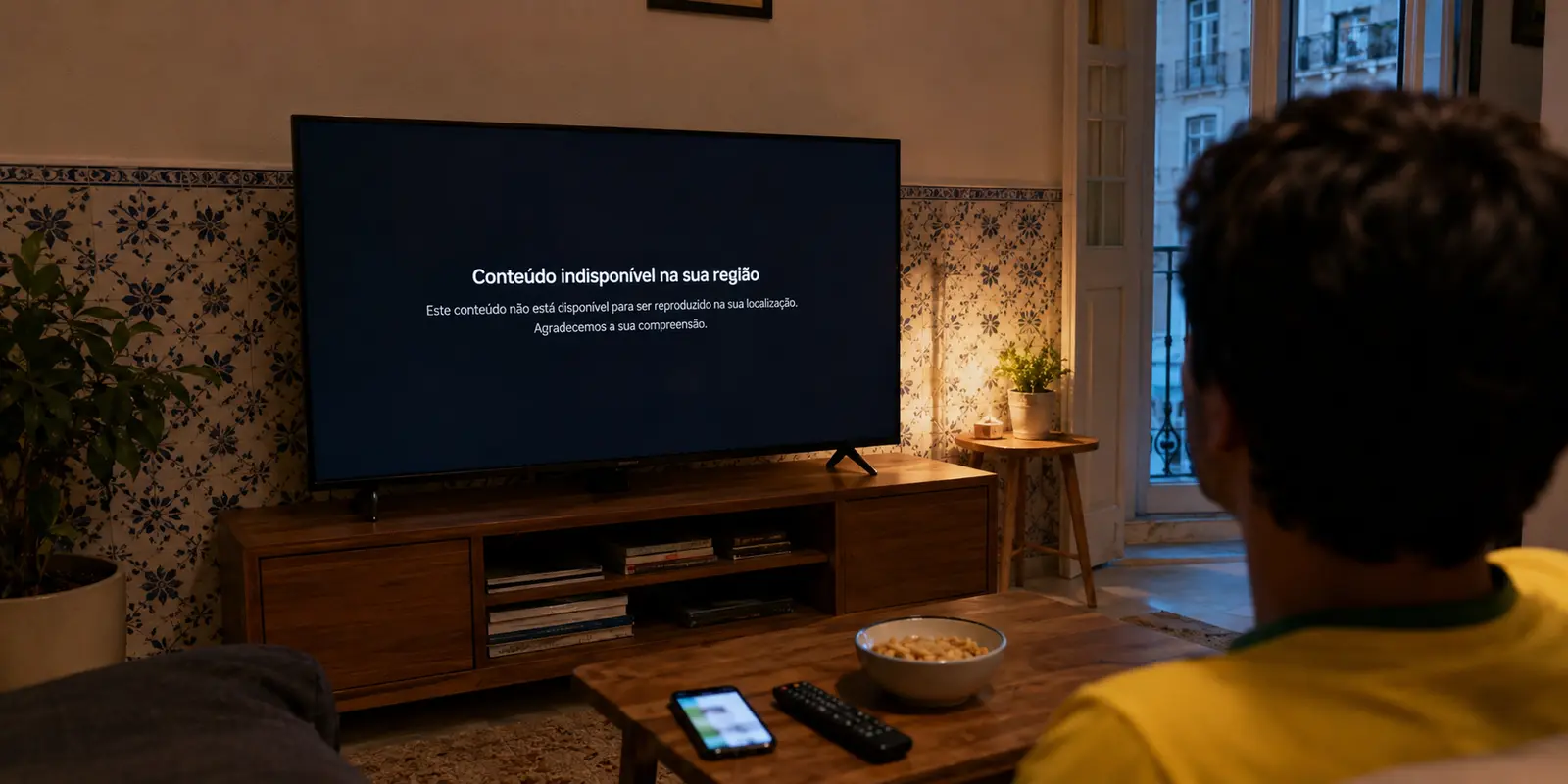 Transmissão brasileira indisponível na televisão de um apartamento em Portugal pouco antes do jogo