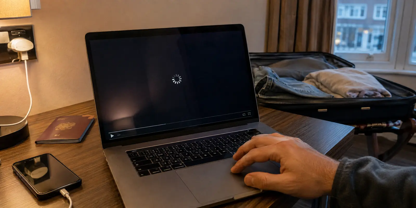 Portátil num quarto de hotel em Londres com um vídeo que não termina de carregar, junto a documentos de viagem