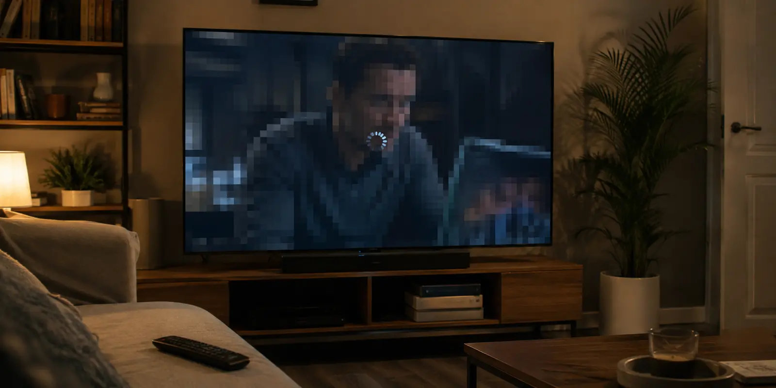 Uma televisão com o vídeo travado e em baixa qualidade durante uma noite de streaming