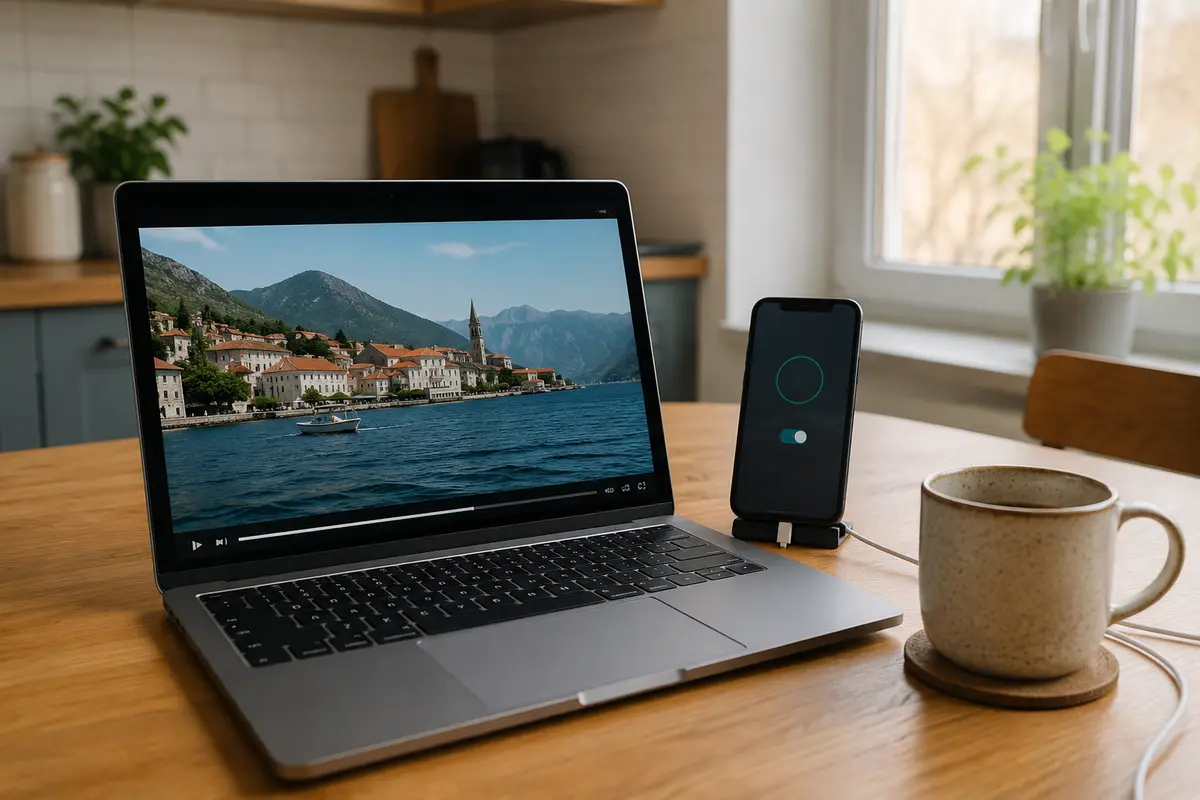 Um vídeo reproduzido com estabilidade ao lado de um celular com o VPN conectado