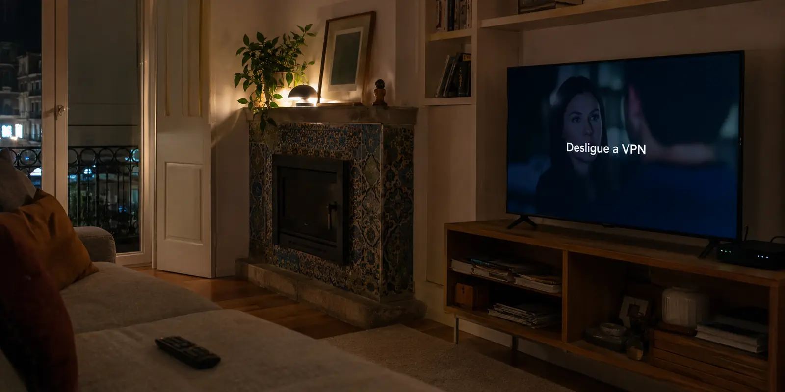 Uma televisão numa sala portuguesa interrompe um episódio e pede para desligar o VPN.