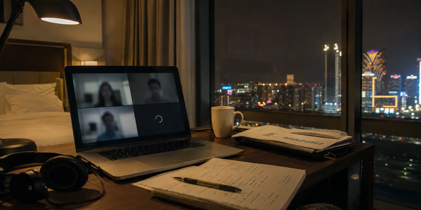 Videochamada com atraso num quarto de hotel em Macau durante a noite