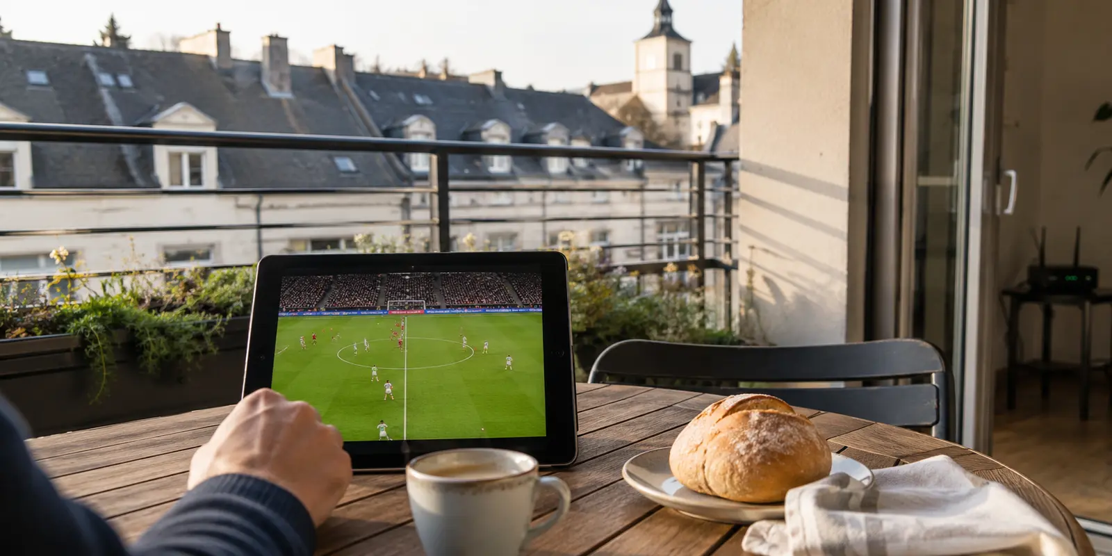 Tablet reproduzindo um jogo de futebol em uma varanda ensolarada no Luxemburgo, antes de qualquer VPN