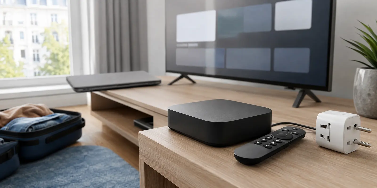 Box de TV e controle remoto em destaque, com um notebook fechado ao lado, em um apartamento claro no Luxemburgo