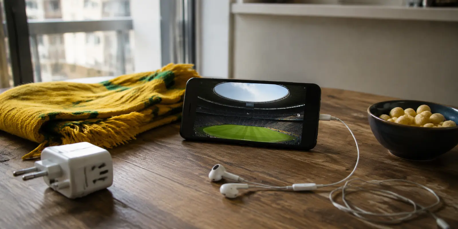 Celular preparado para uma transmissão de futebol ao lado de fones, cachecol amarelo, petisco e adaptador de viagem