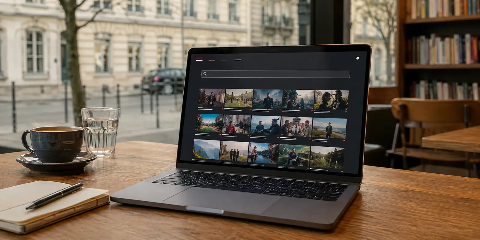 Notebook com um catálogo de streaming aberto em um café durante o dia, antes de iniciar a reprodução