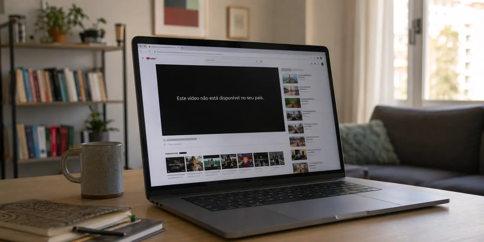 Notebook em um apartamento exibindo no YouTube a mensagem de vídeo indisponível no país