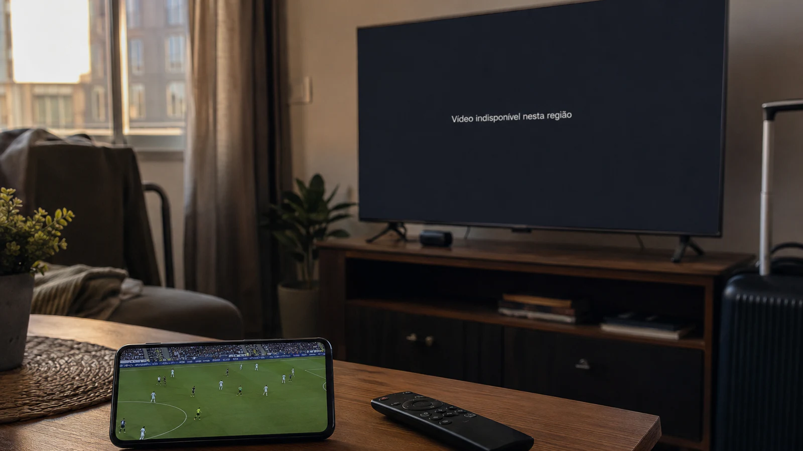 Celular reproduz futebol enquanto a Smart TV mostra que o vídeo está indisponível na região