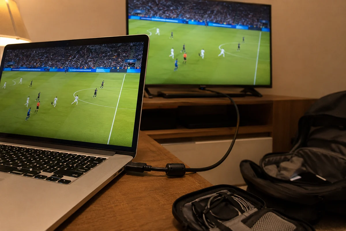 Notebook ligado à televisão por HDMI reproduzindo a mesma transmissão esportiva