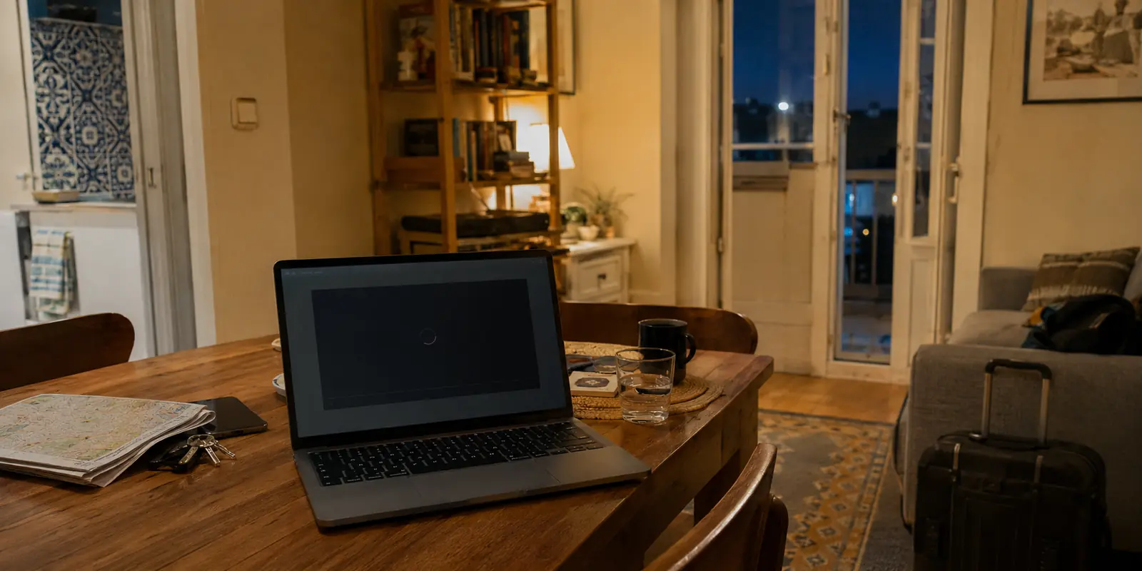 Notebook com o vídeo do Globoplay parado em uma acomodação em Lisboa