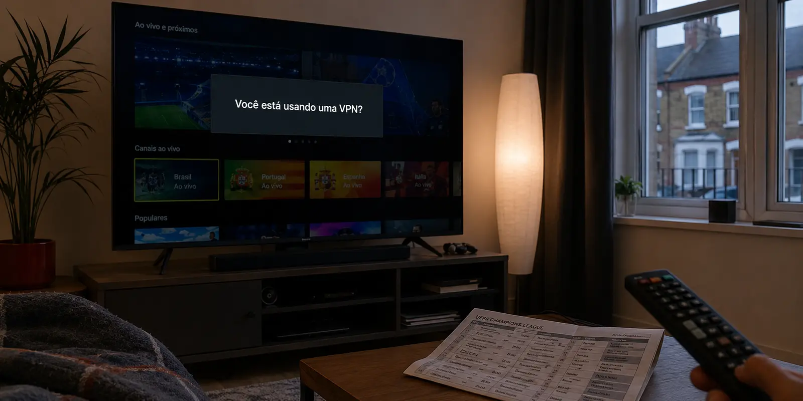 Televisão em Londres com o catálogo aberto e o aviso de VPN ao tentar reproduzir futebol ao vivo