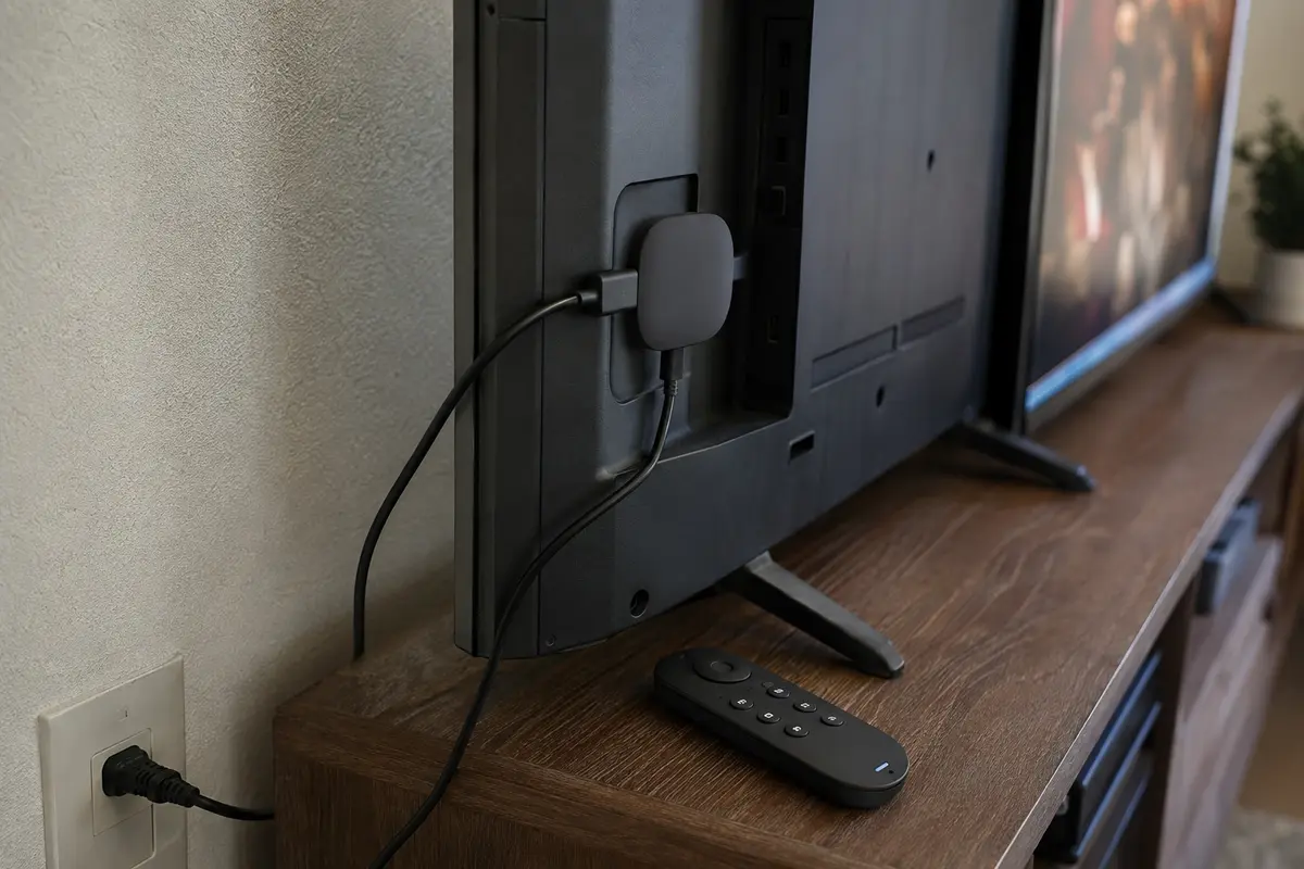 Dispositivo de streaming compacto conectado à entrada HDMI atrás da televisão