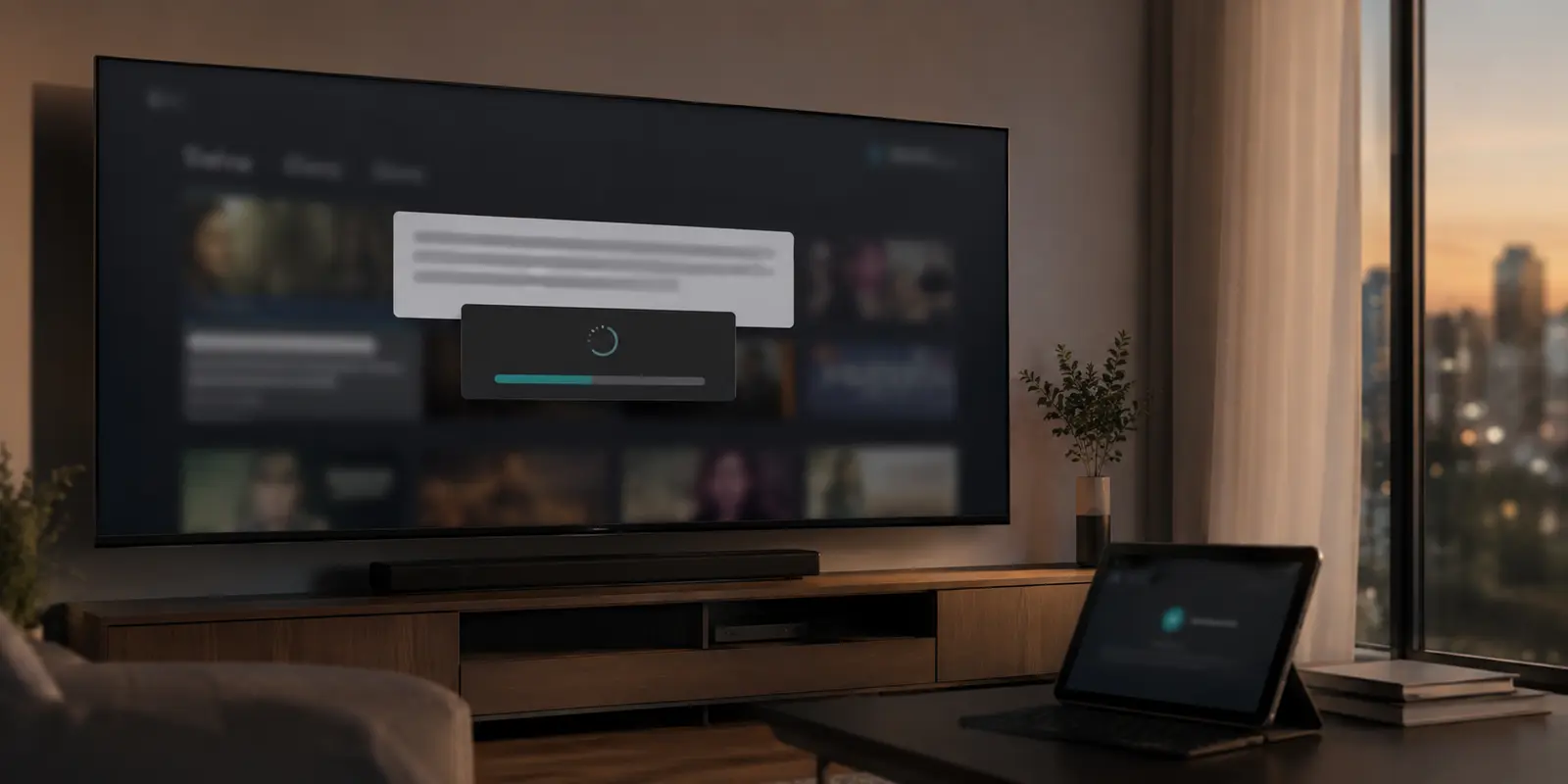 Ein Fernseher zeigt eine Streaming-Haushaltsmeldung, während ein zweites Gerät eine VPN-Verbindung versucht.