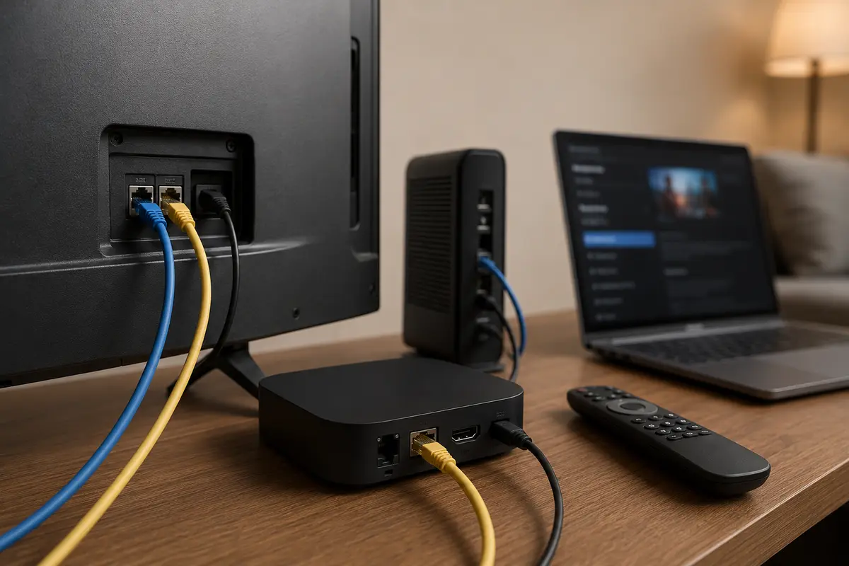 Ein Fernseher zeigt eine Streaming-Haushaltsmeldung, während ein zweites Gerät eine VPN-Verbindung versucht.