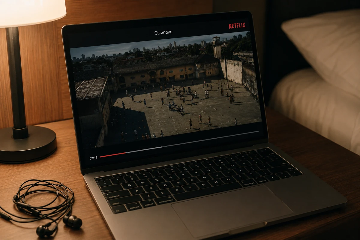 O notebook mostra Carandiru aberto no player, com a reprodução já iniciada.