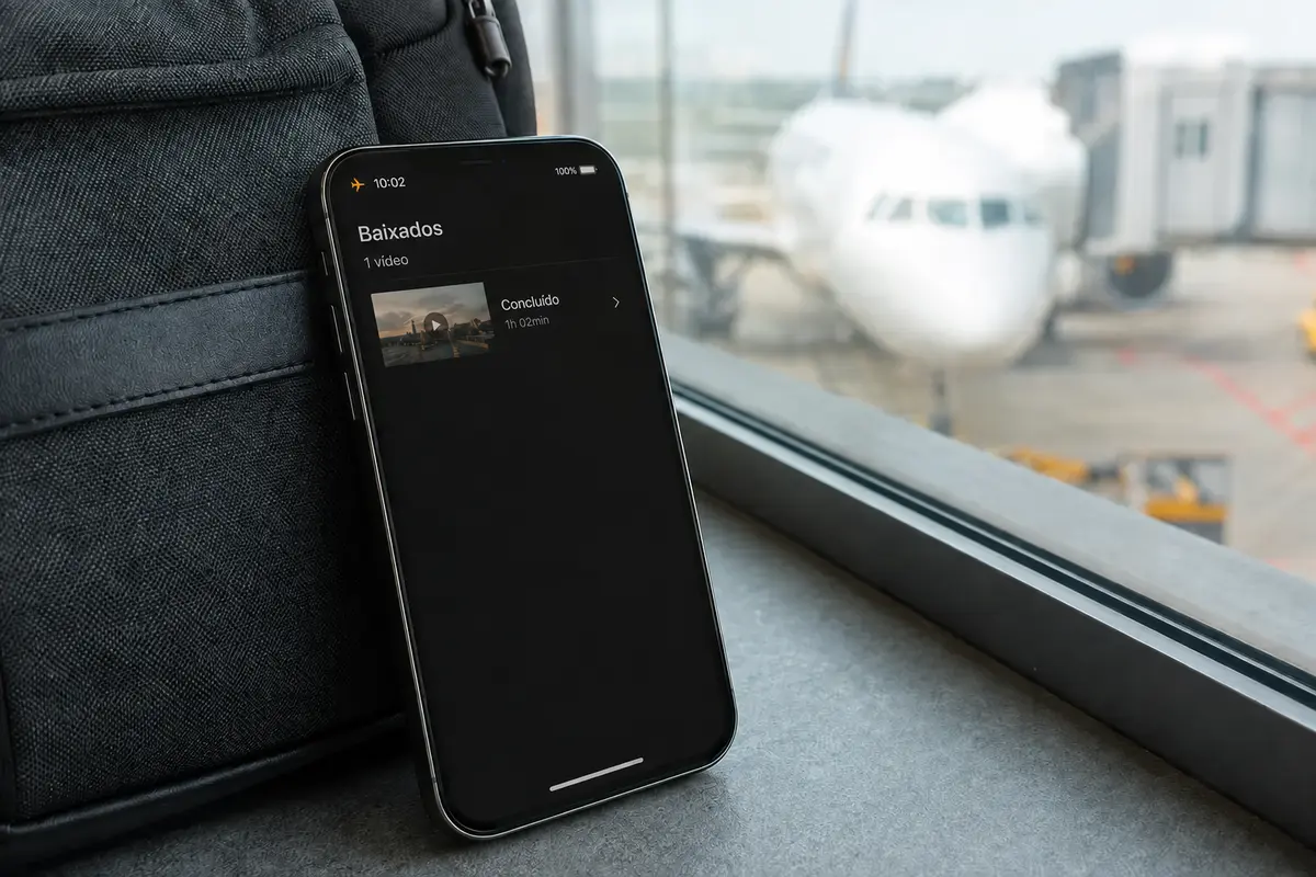 iPhone em modo avião com um episódio concluído na lista de downloads perto do portão de embarque