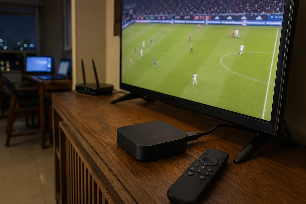 Box Android ligado à televisão reproduzindo futebol sem alterar o roteador da casa