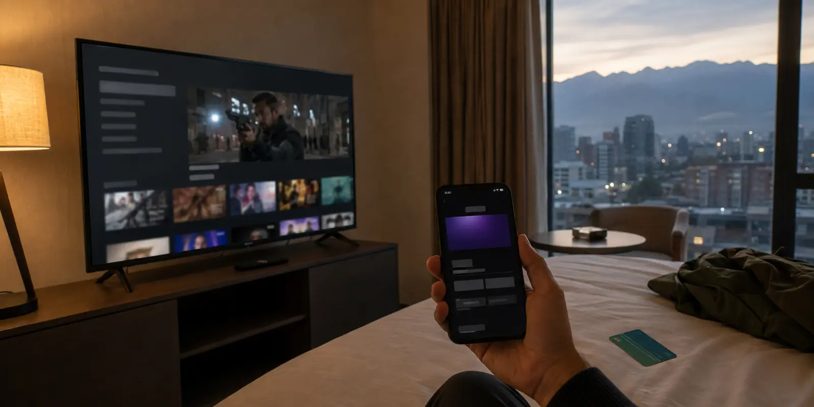 Catálogo principal de streaming aberto num hotel em Santiago enquanto uma assinatura adicional aparece separada no telefone