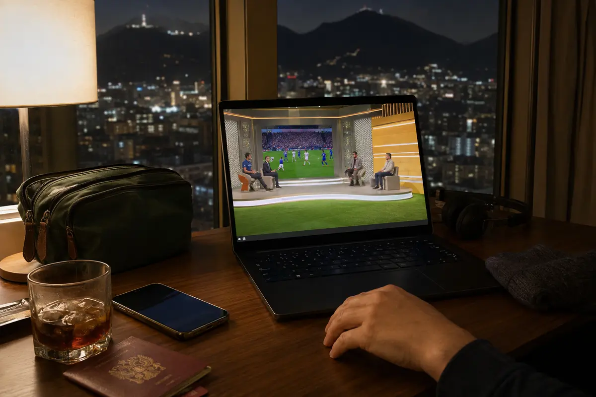 Transmissão esportiva brasileira a funcionar no portátil durante uma viagem ao Chile