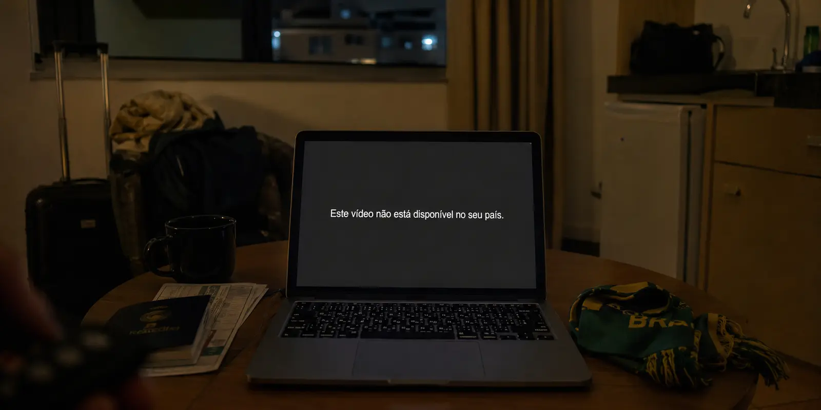 Notebook de um viajante exibindo a mensagem de que o vídeo não está disponível no país