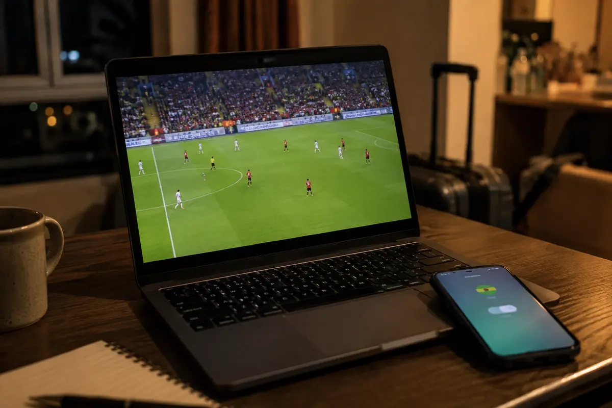 Partida de futebol sendo reproduzida em um notebook após a conexão brasileira estabilizar