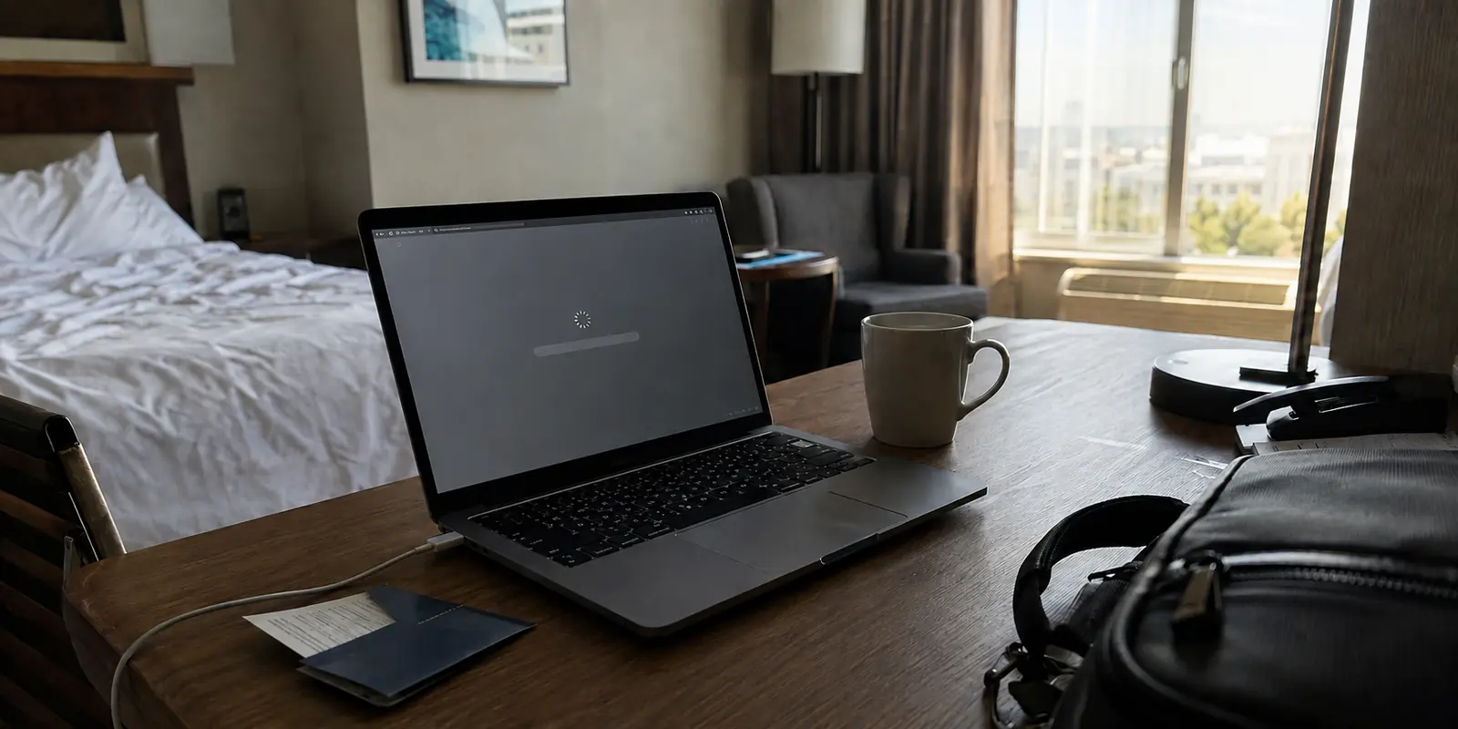 Notebook conectado ao Wi-Fi de um quarto de hotel enquanto uma página permanece carregando