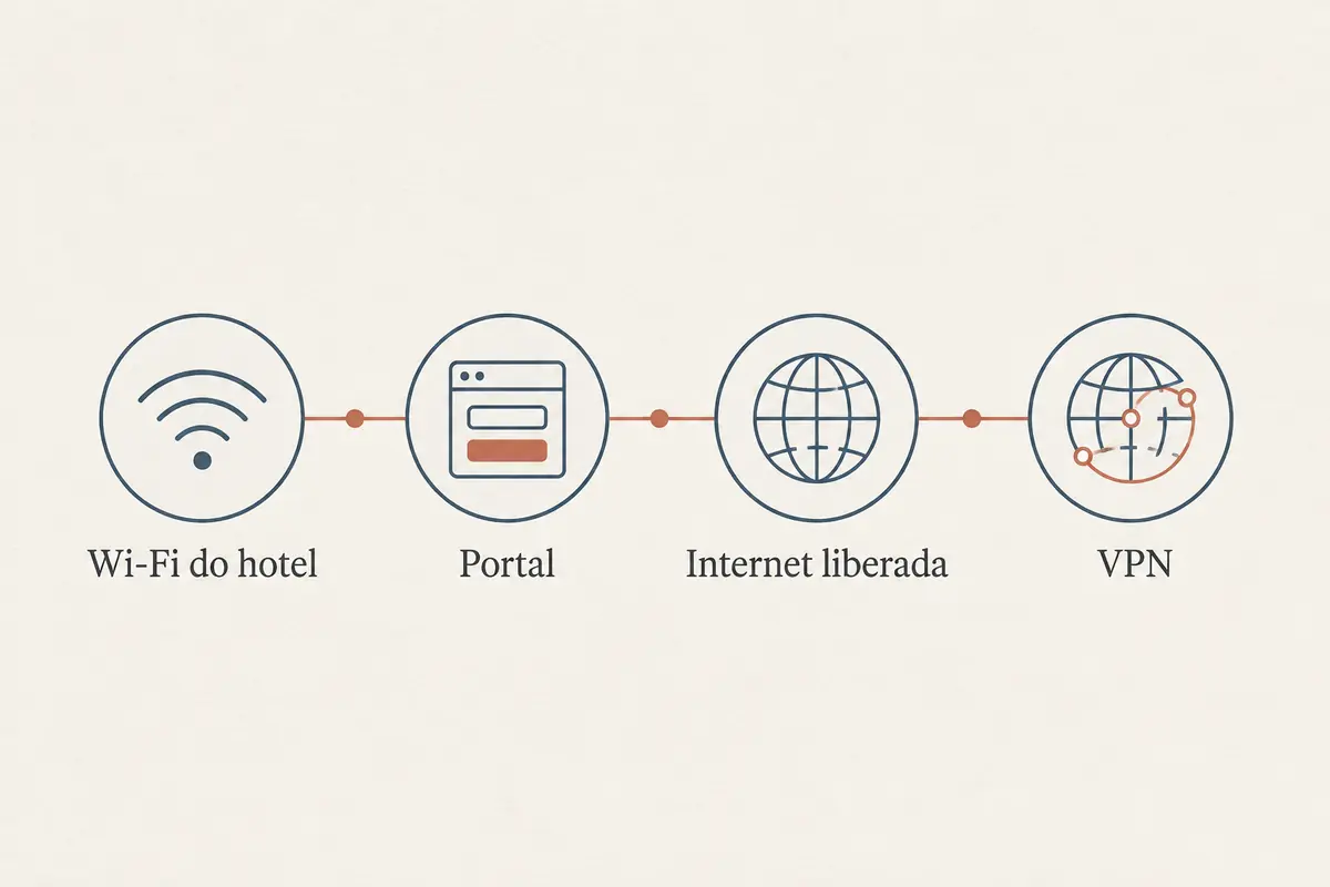 Sequência correta entre o Wi-Fi do hotel, o portal de autenticação, a liberação da internet e o VPN