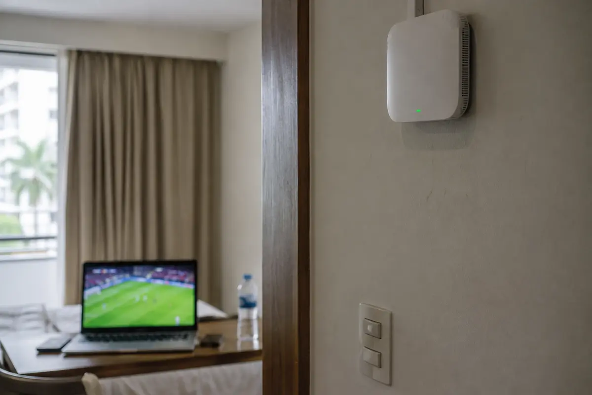Ponto de acesso Wi-Fi de hotel com uma partida de futebol ao fundo