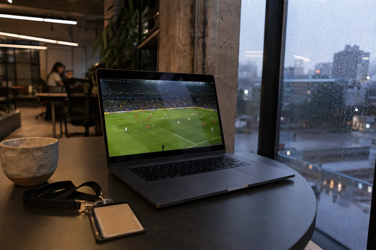 Transmissão de futebol funcionando em um laptop com o VPN ainda ligado