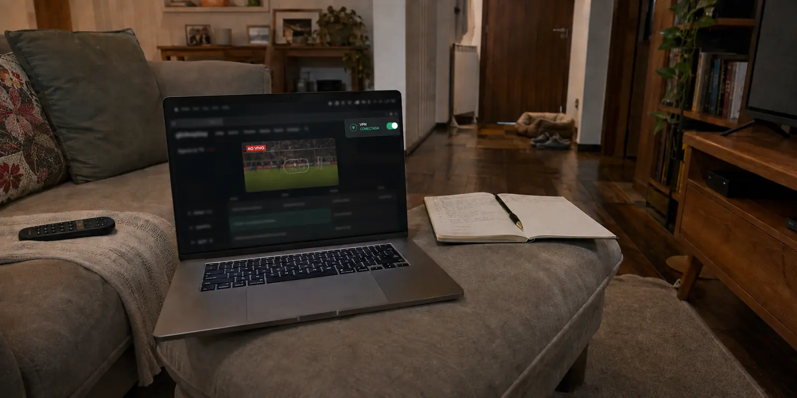 Notebook com o Globoplay ao vivo e uma conexão VPN ativa em uma sala de casa