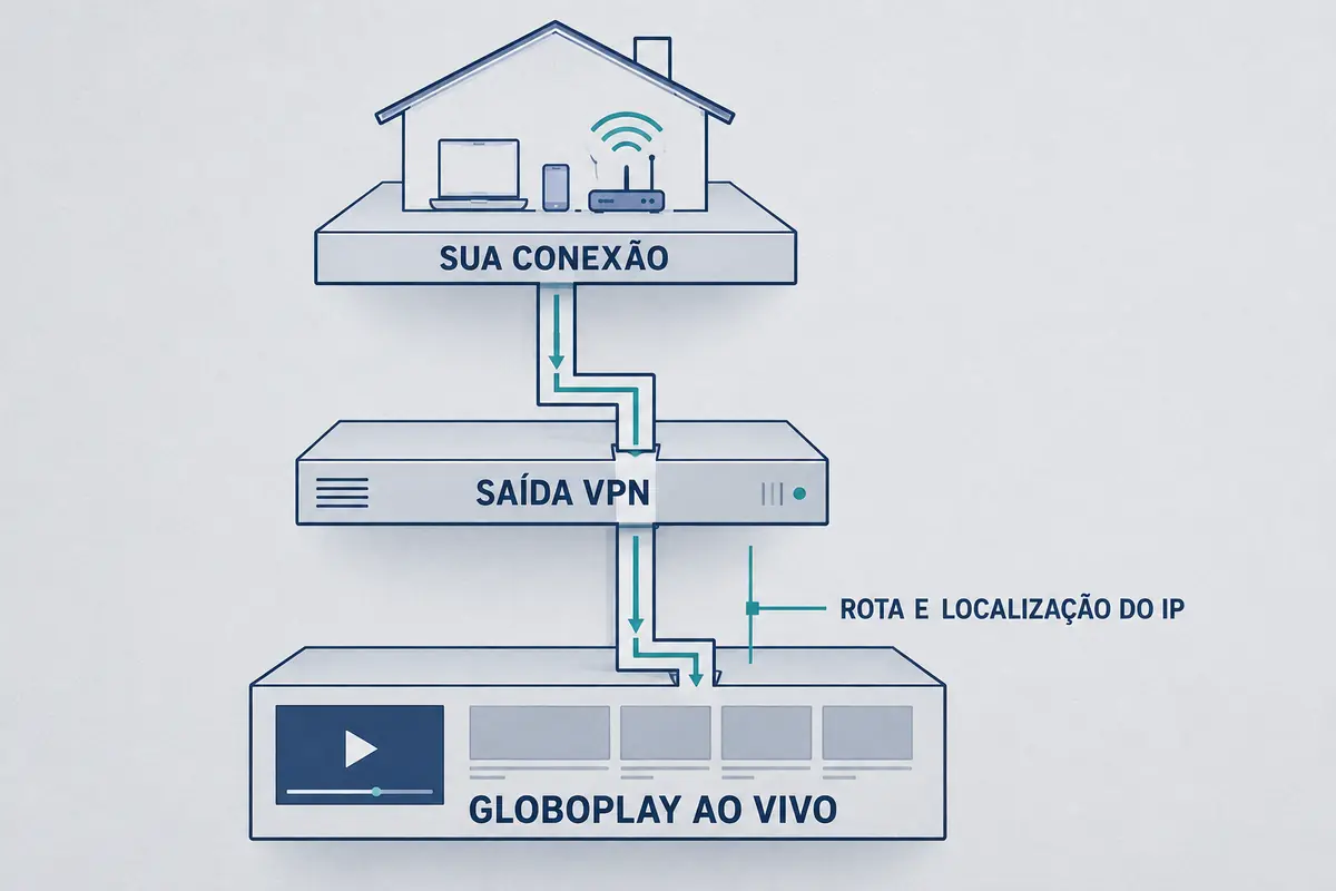 Diagrama da conexão doméstica passando por uma saída VPN até o Globoplay ao vivo