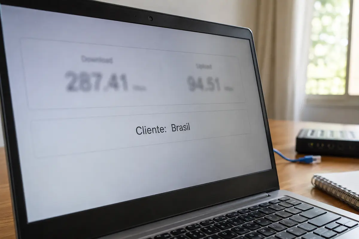 Diagnóstico de conexão no notebook indicando que o cliente é visto no Brasil