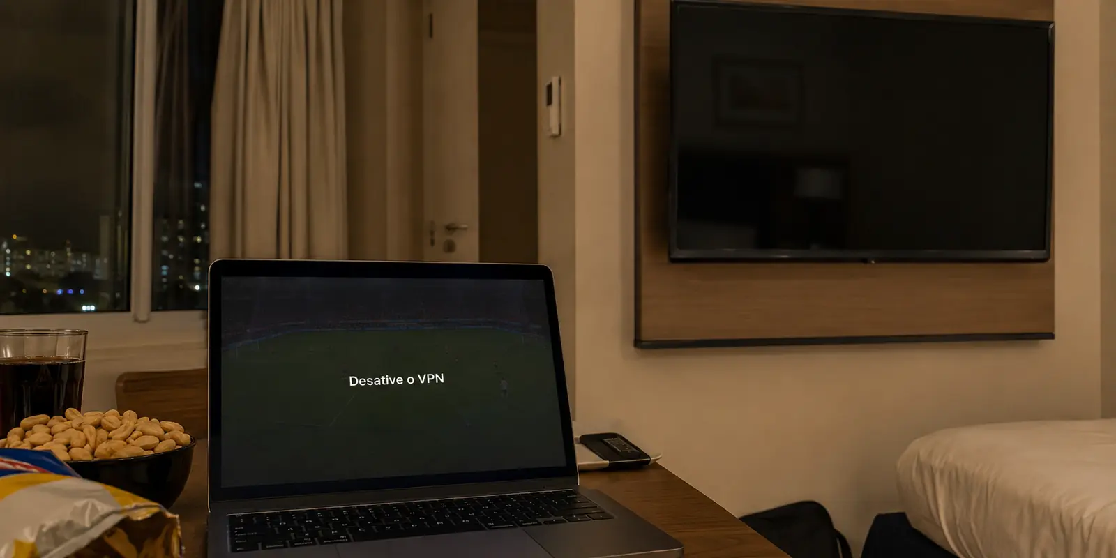 Um portátil num hotel brasileiro pede para desligar o VPN antes de reproduzir futebol.