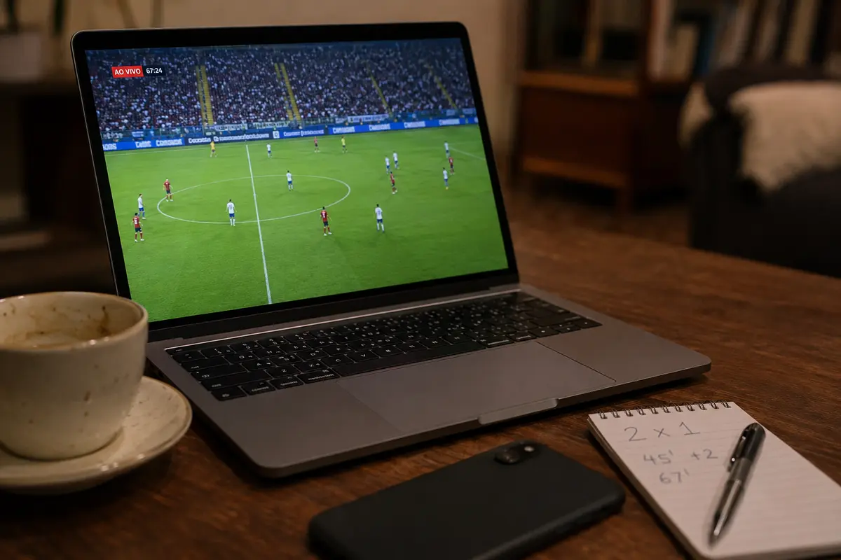 Transmissão ao vivo estável no notebook com o celular do teste de velocidade deixado de lado