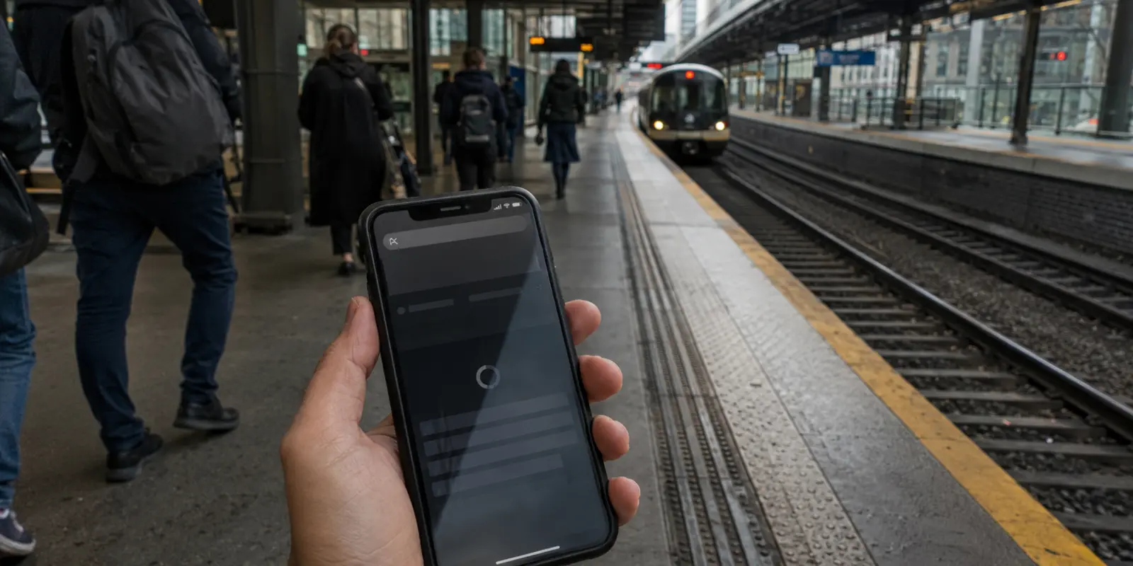 Celular com uma página brasileira carregando durante um trajeto de trem no exterior