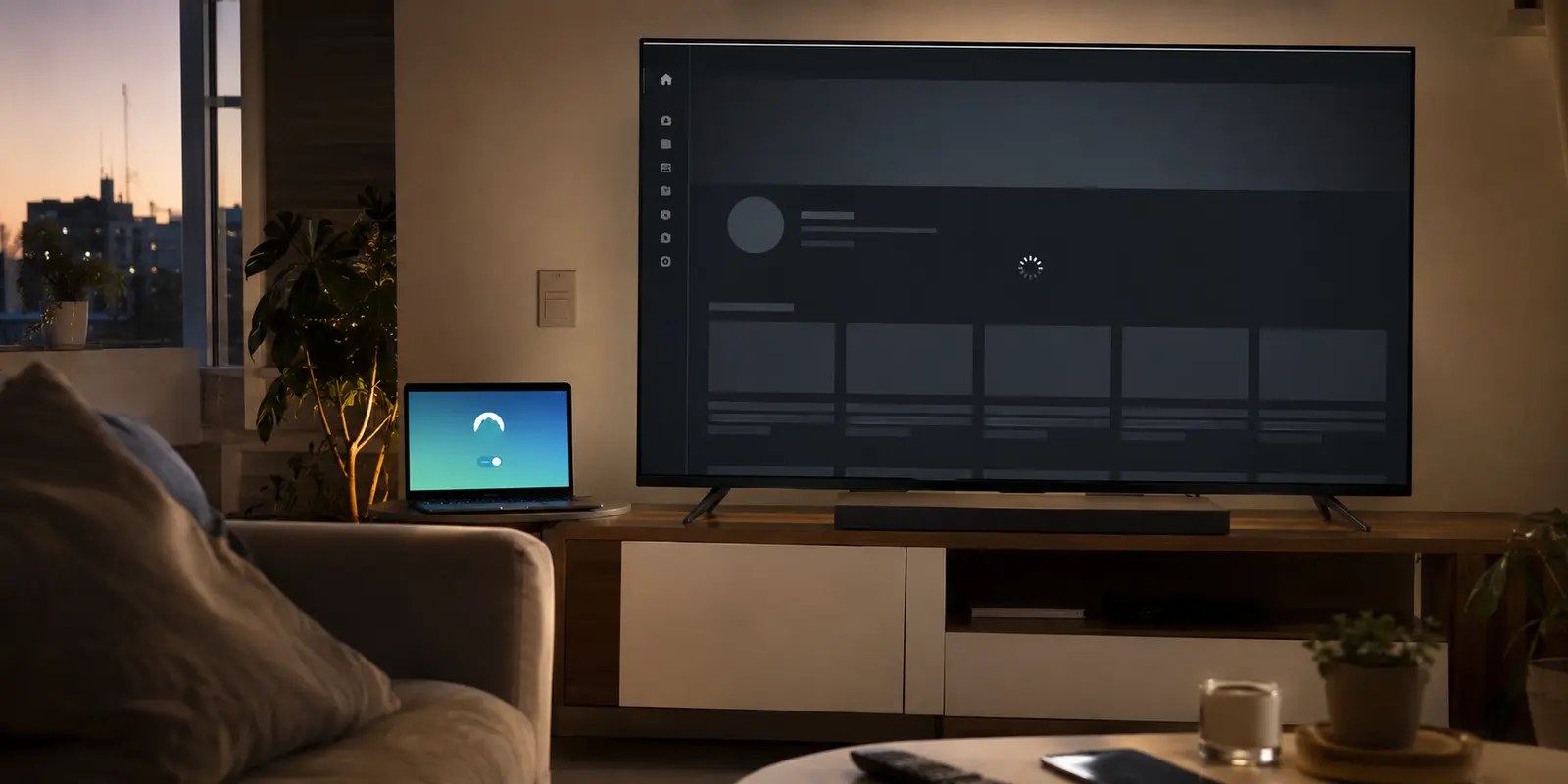 Una Smart TV muestra un vídeo de YouTube que no termina de cargar mientras el portátil intenta conectarse.