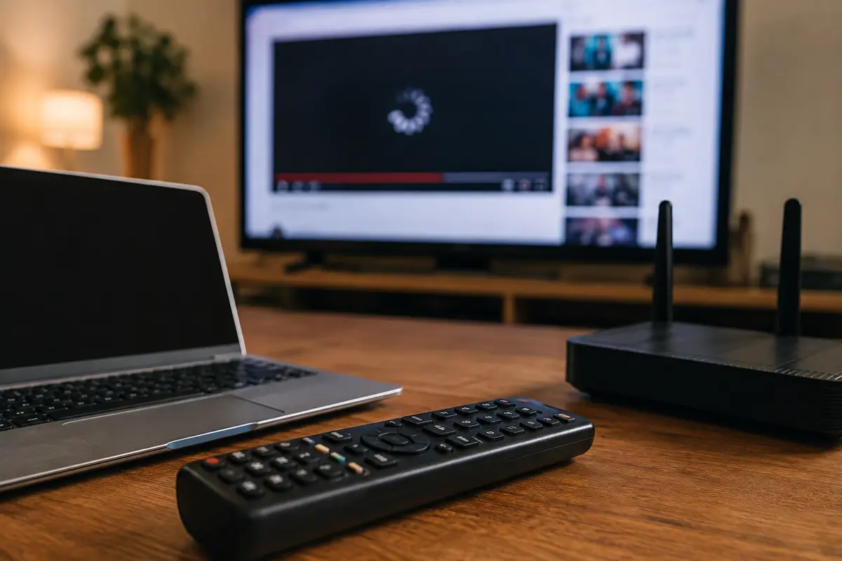 Una Smart TV muestra un vídeo de YouTube que no termina de cargar mientras el portátil intenta conectarse.