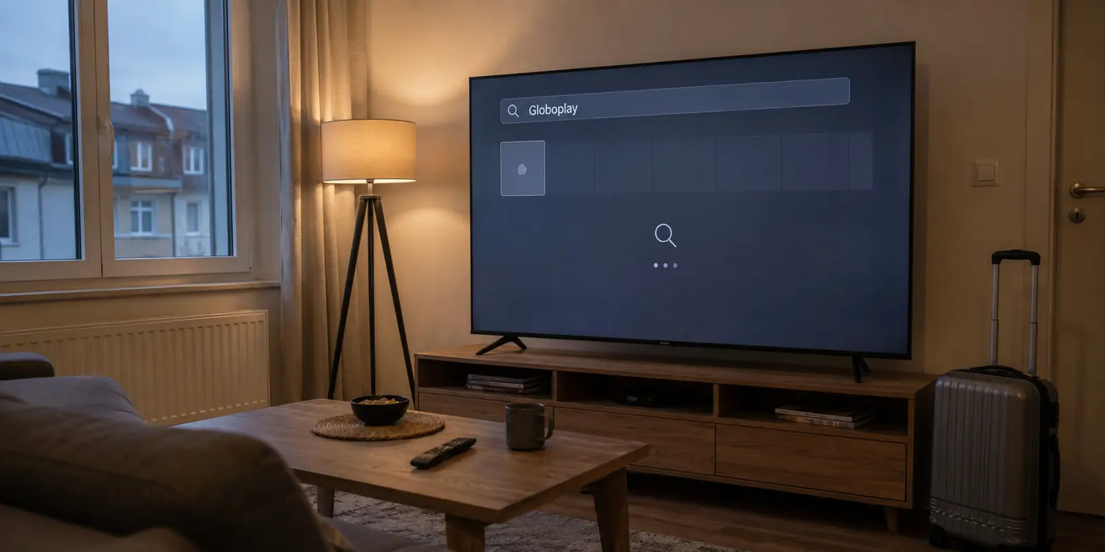 Smart TV em um apartamento europeu sem encontrar o Globoplay na busca de aplicativos