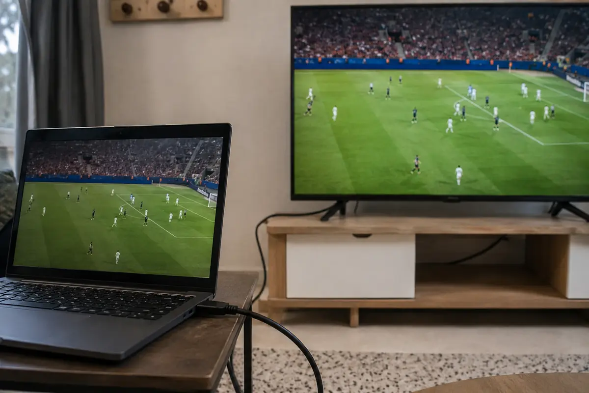 Notebook conectado por HDMI a uma televisão que exibe a mesma transmissão de futebol