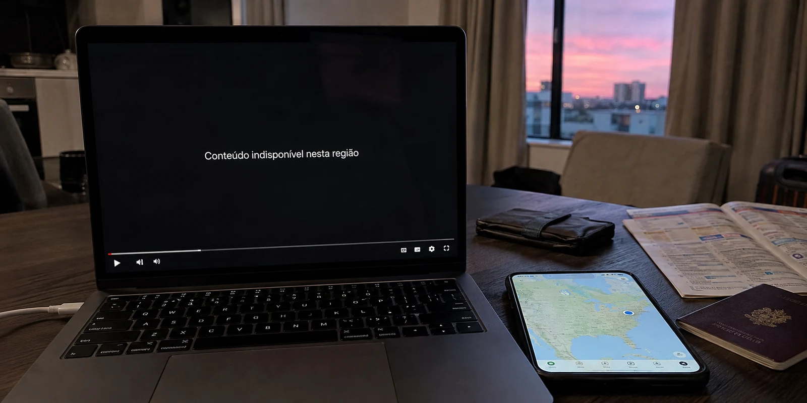 Portátil com transmissão indisponível por região ao lado de um telemóvel mostrando a localização real