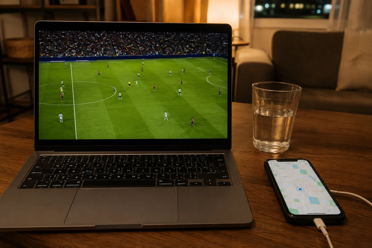 Jogo de futebol aberto no navegador enquanto o telemóvel mantém a localização real no mapa