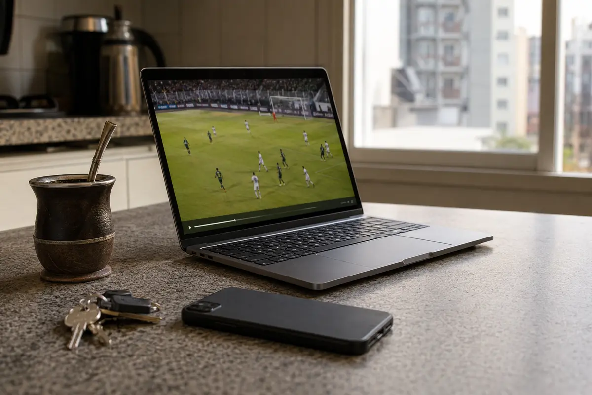 Transmissão de futebol reproduzida pelo navegador de um notebook enquanto o celular fica de lado