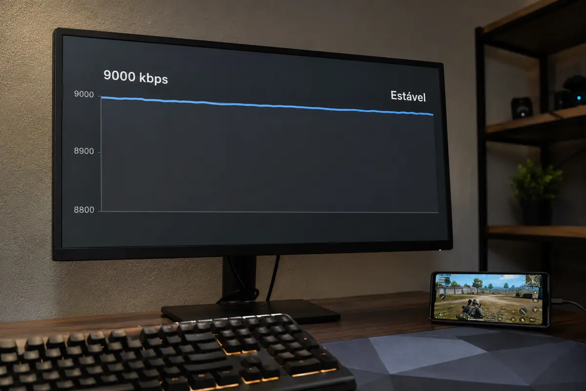 Bitrate estável próximo de 9000 kbps enquanto a transmissão permanece nítida no telemóvel