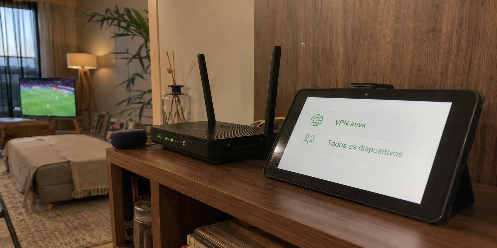 Roteador e tablet mostram VPN ativa para todos os dispositivos enquanto uma TV transmite futebol ao fundo