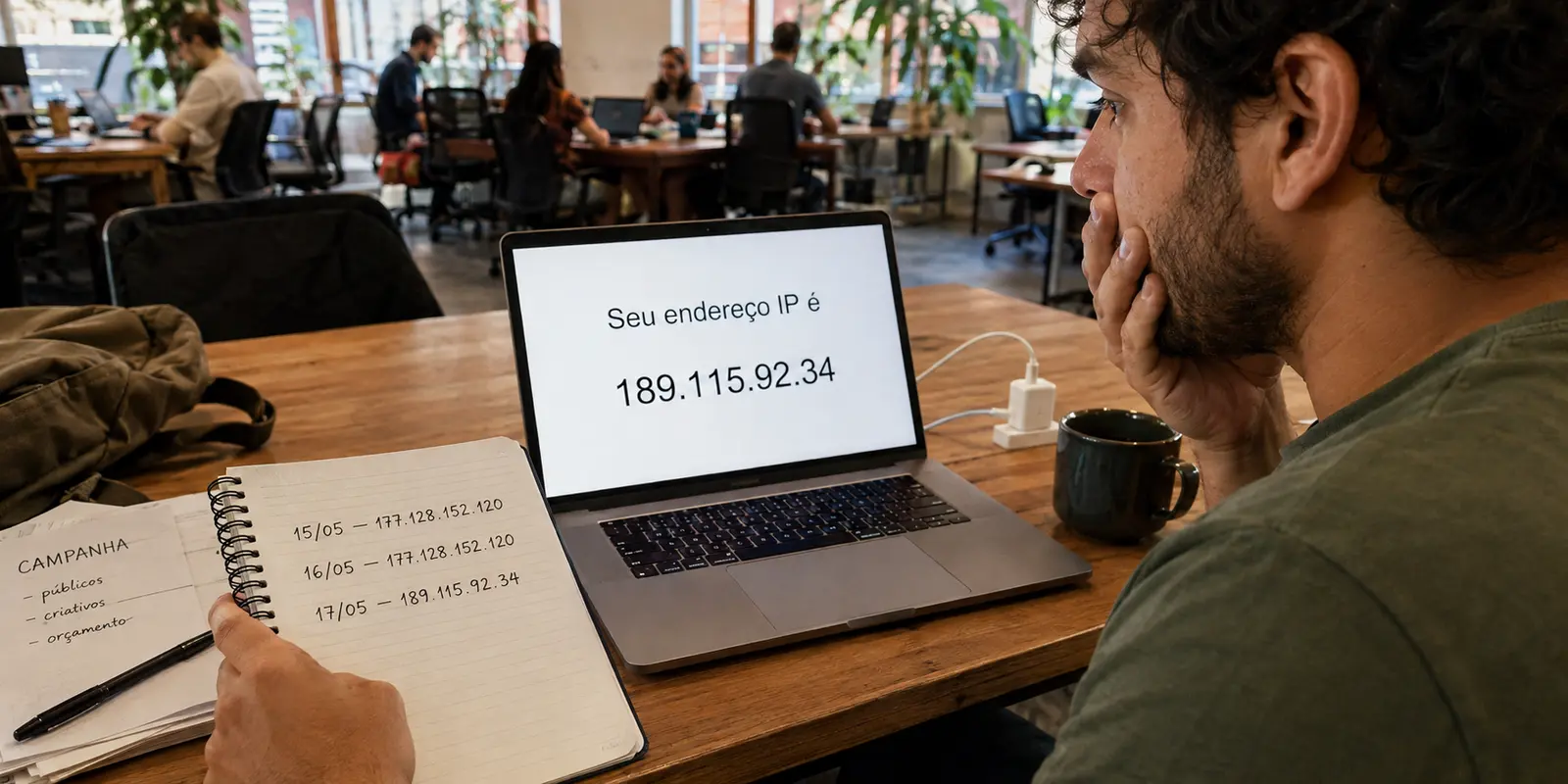 Um profissional compara o endereço IP atual com os que anotou nos dias anteriores