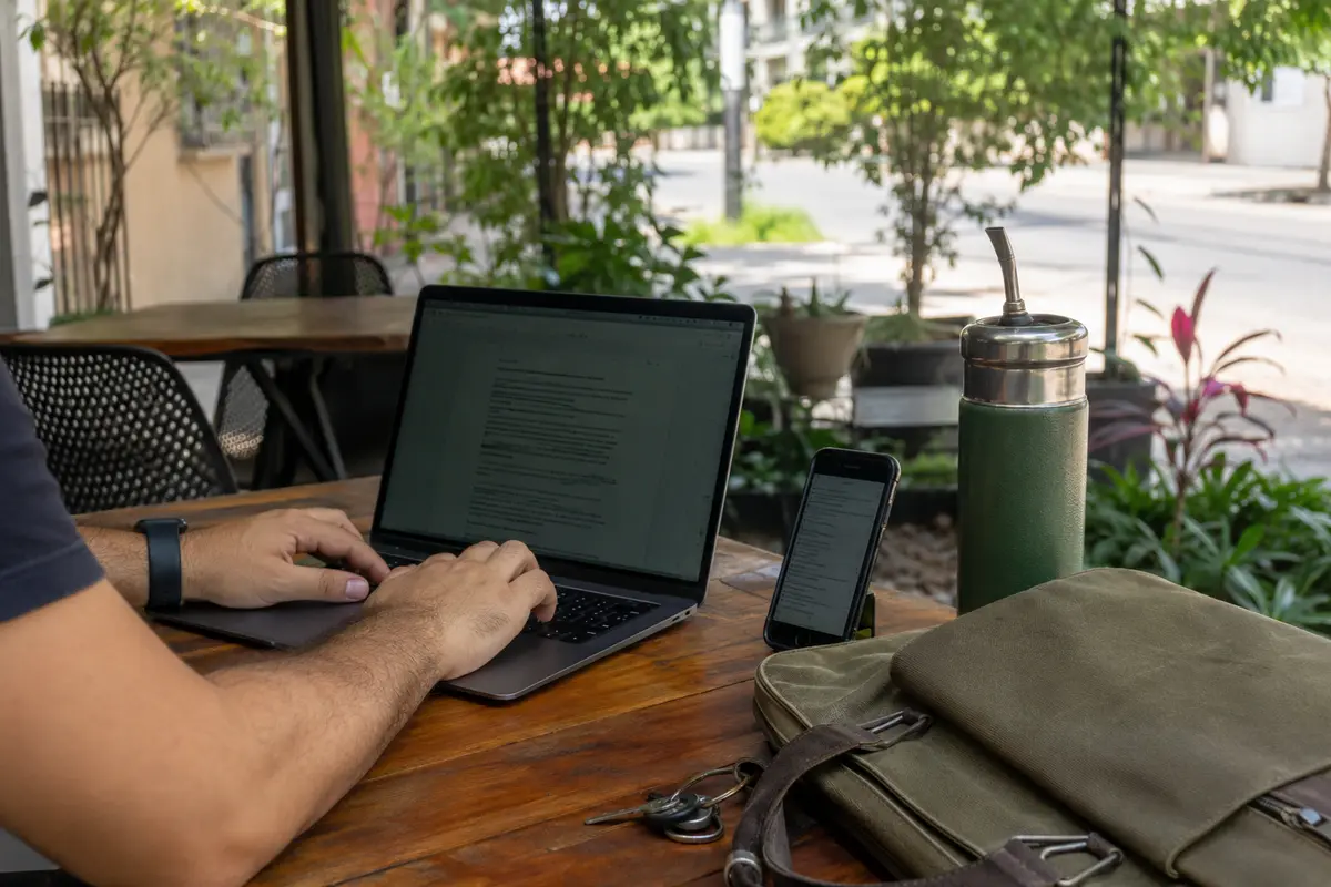 Trabalho continua no notebook em um café de Assunção usando a rede móvel do celular