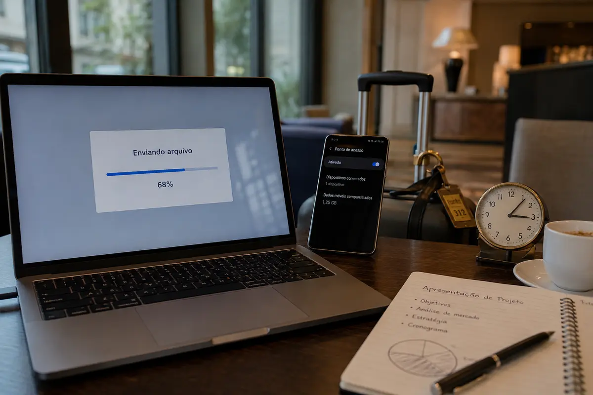 O envio continua pelo hotspot em uma mesa de hotel antes da reunião
