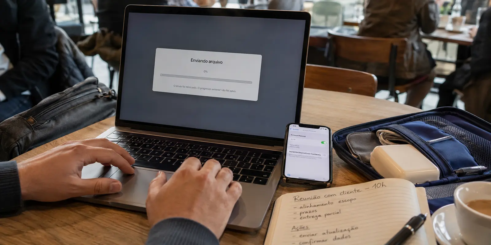 Upload de trabalho reiniciado ao trocar o Wi-Fi do coworking pelo hotspot do celular