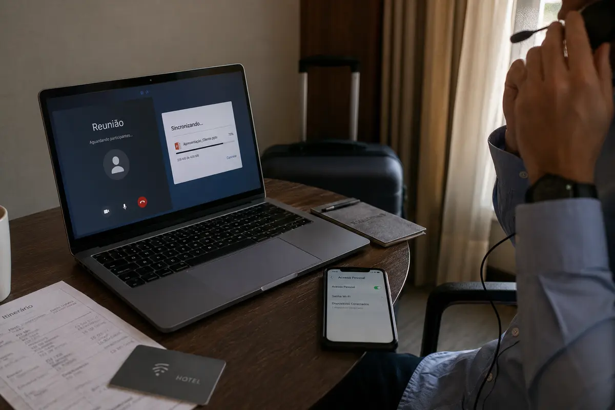 Apresentação continua sincronizando no hotel enquanto a reunião começa pelo hotspot do celular