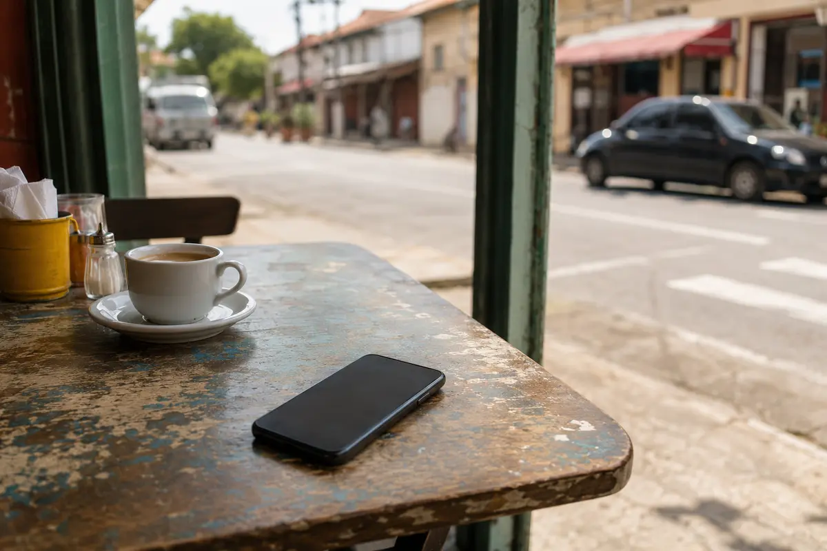 Celular deixado sobre a mesa de um café enquanto a conexão segue em segundo plano